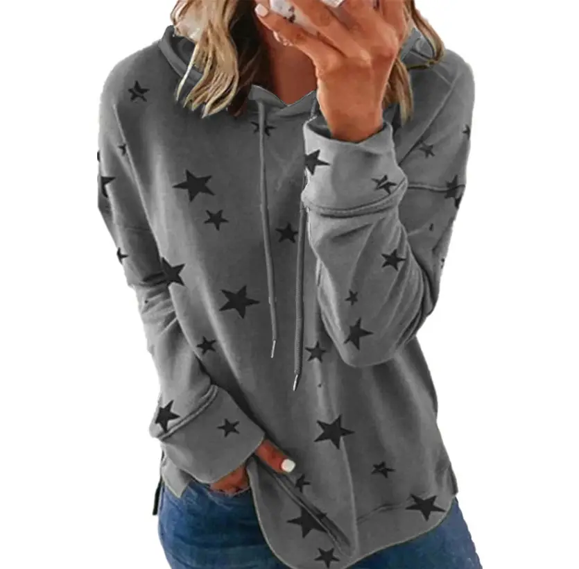 Women Star Print Hooded Sweatshirt Green Large - Image 9