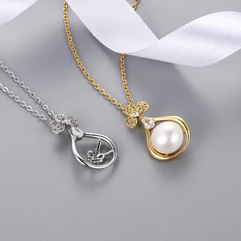 Korean Gold Pearl Pendant with Zircon Flower Design - Image 6