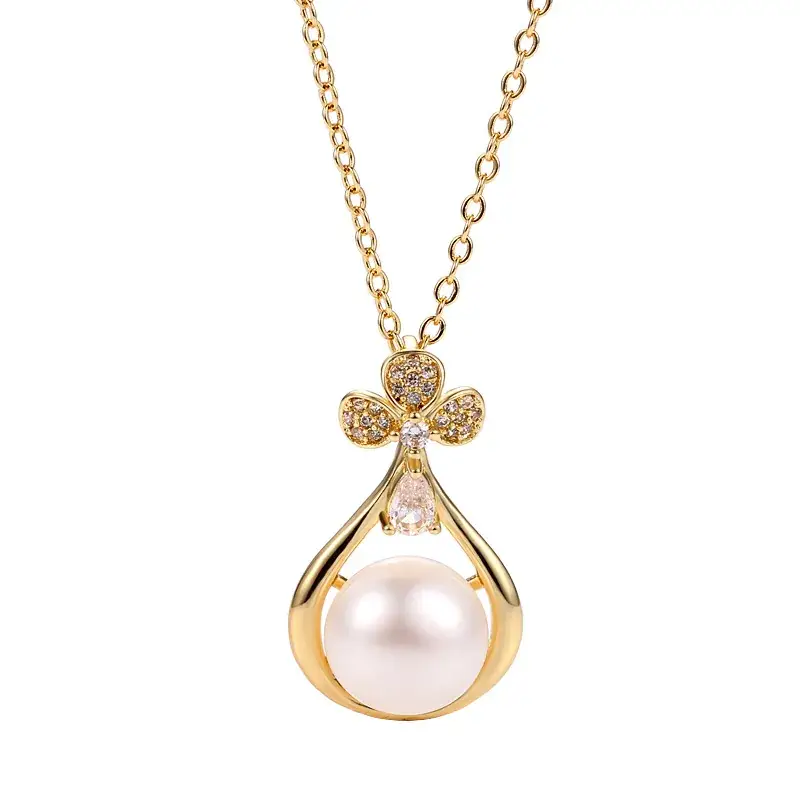 Korean Gold Pearl Pendant with Zircon Flower Design - Image 9