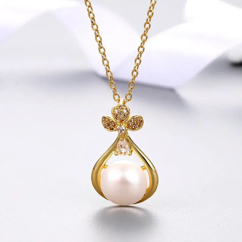 Korean Gold Pearl Pendant with Zircon Flower Design - Image 2