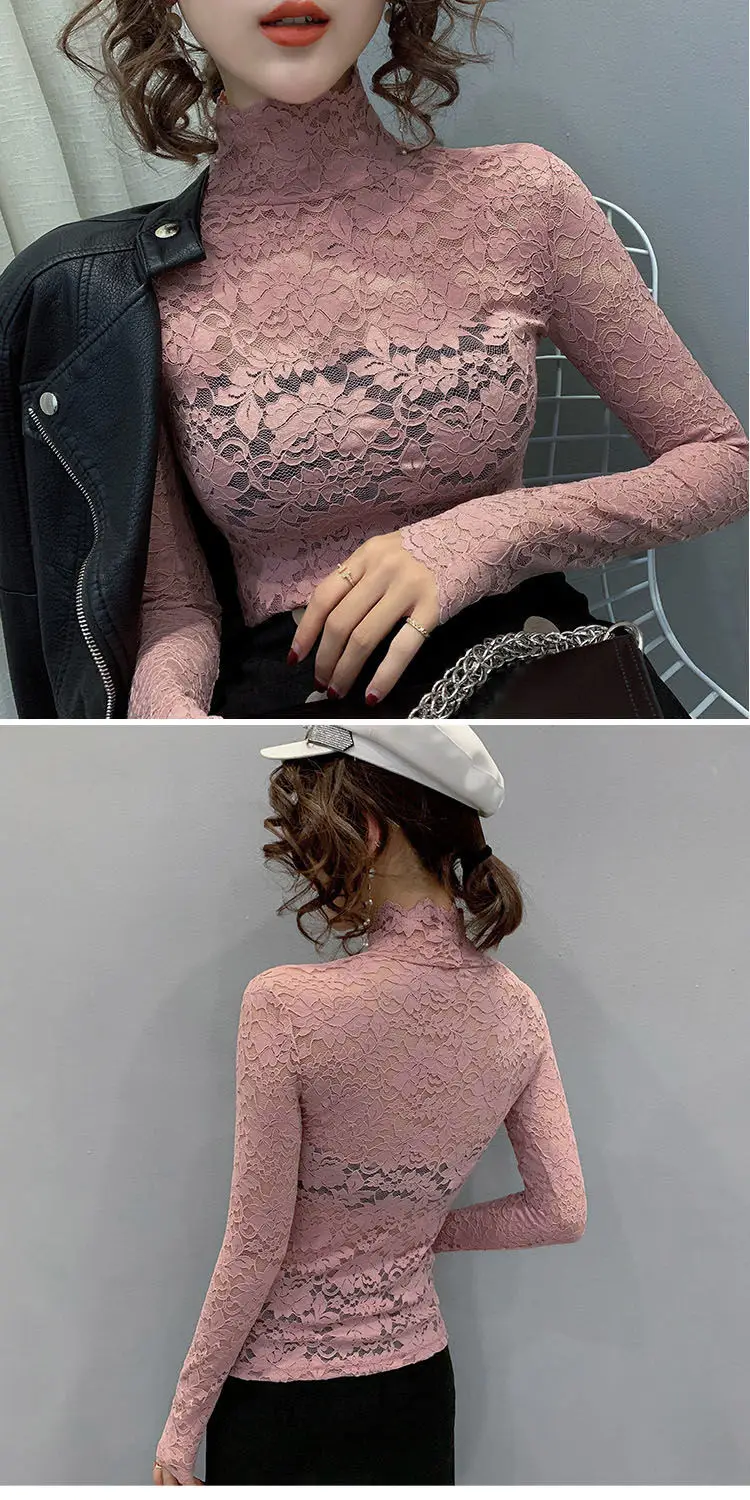 Lace Long Sleeve Turtleneck Top for Women — feature 17