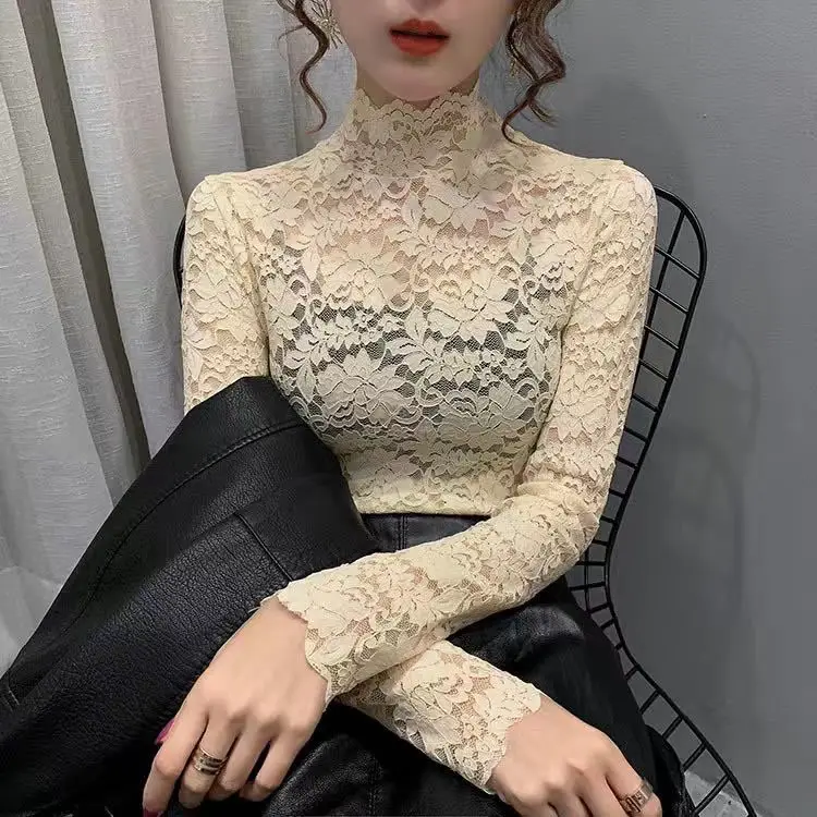 Lace Long Sleeve Turtleneck Top for Women - Image 3