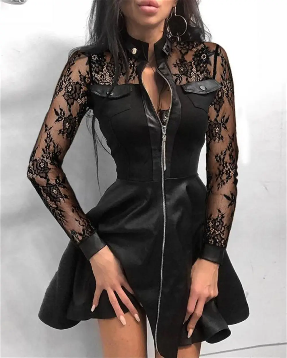 Women's Maroon Lace Zipper Flared Dress - Image 3