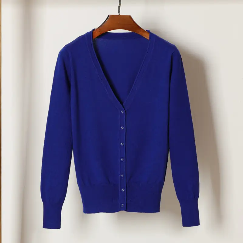 Women Blue Long Sleeve Knitted Cardigan Large - Image 14