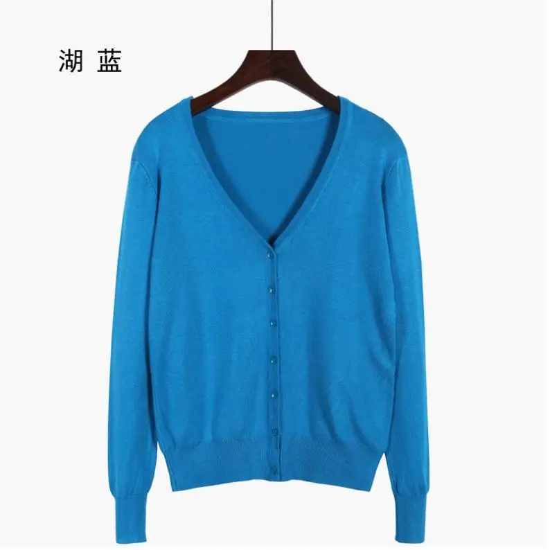 Women Blue Long Sleeve Knitted Cardigan Large - Image 19