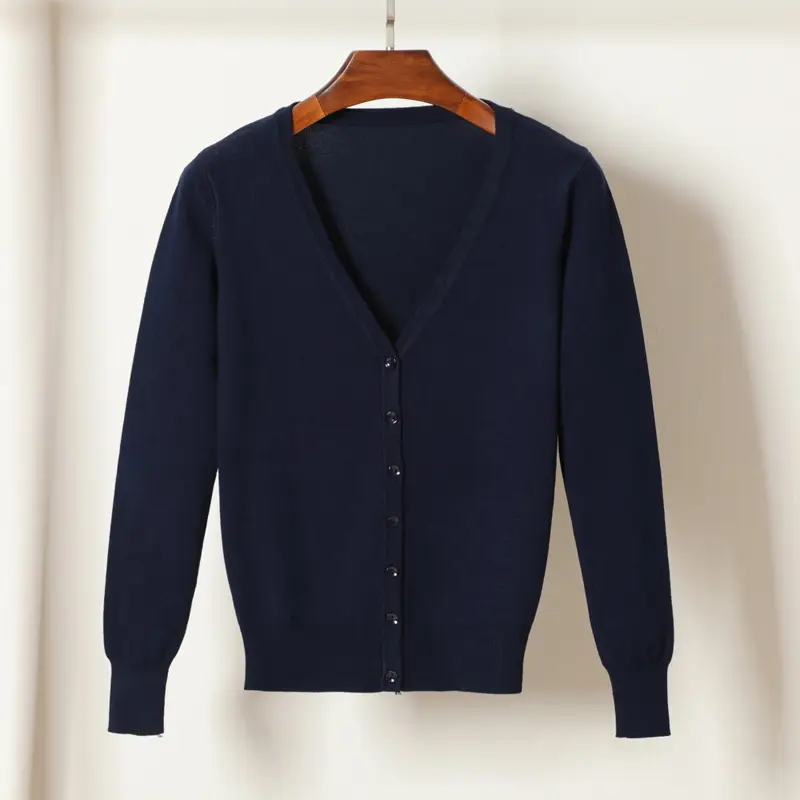Women Blue Long Sleeve Knitted Cardigan Large - Image 8
