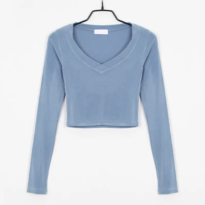 Women V-Neck Long Sleeve Light Blue Top with Black Skirt - Image 3