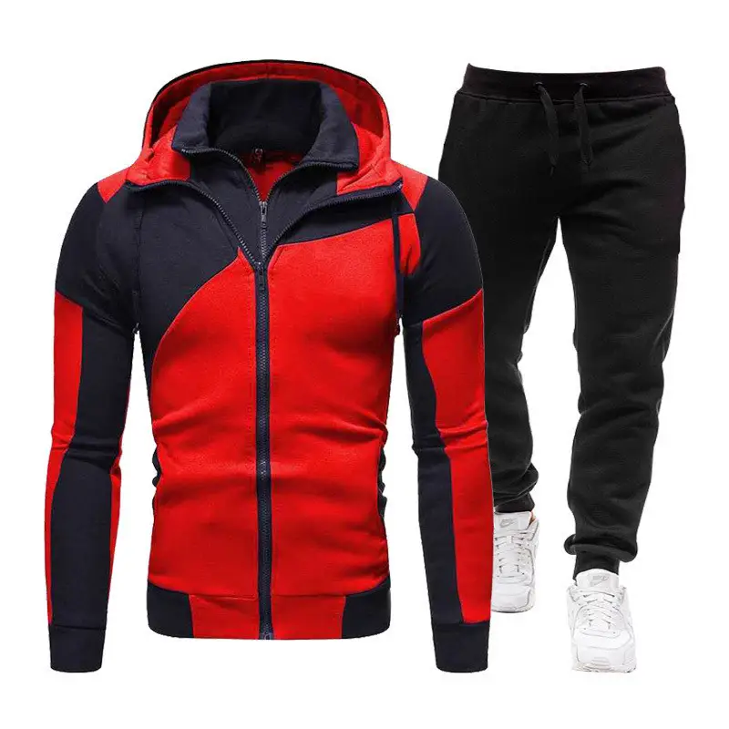 Men Red Black Hooded Track Suit with Pants - Image 12