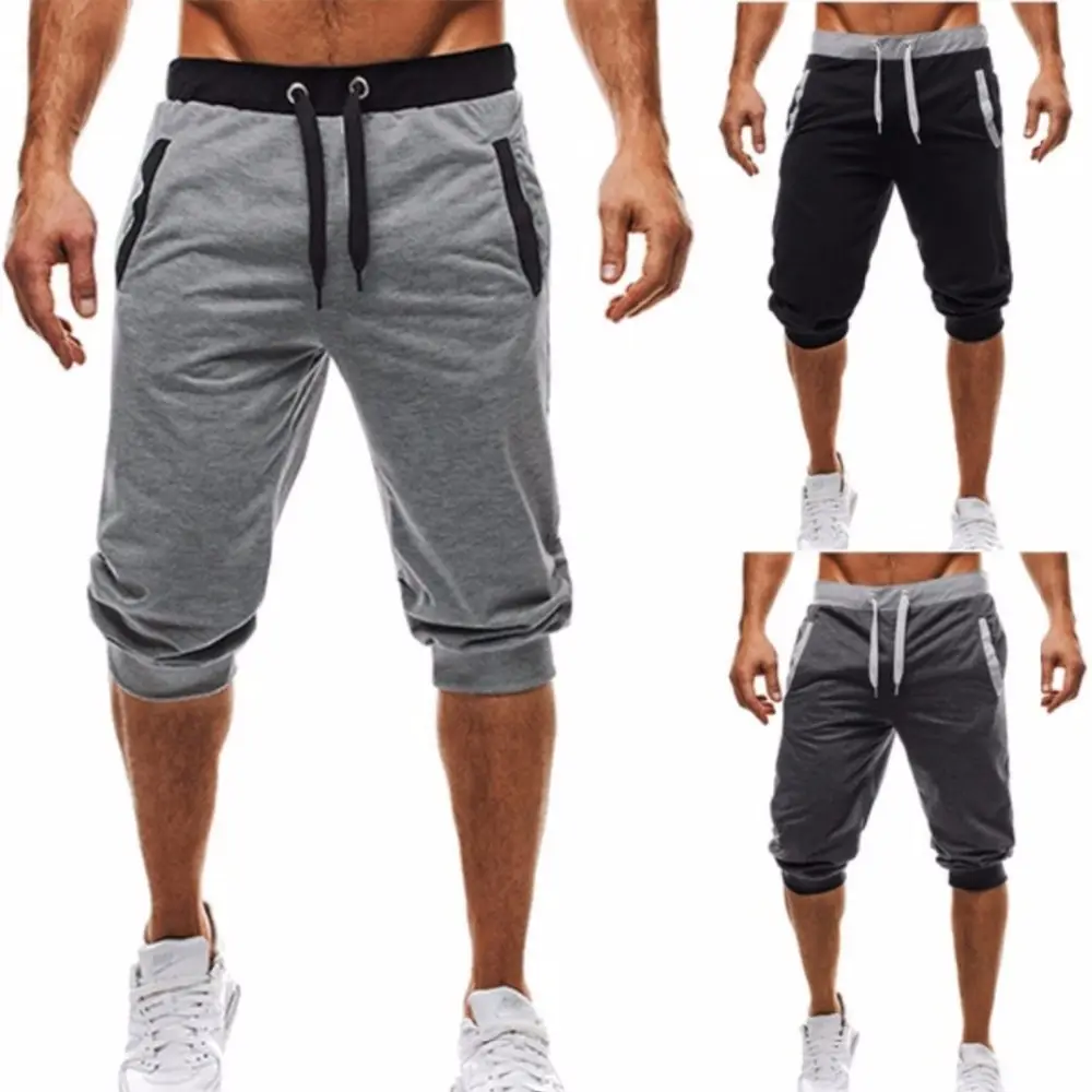 Men's Gray Drawstring Capri Shorts with Elastic Waistband - Image 4