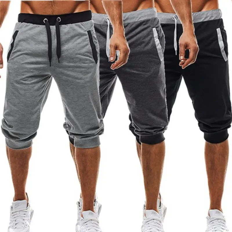 Men's Gray Drawstring Capri Shorts with Elastic Waistband - Image 5