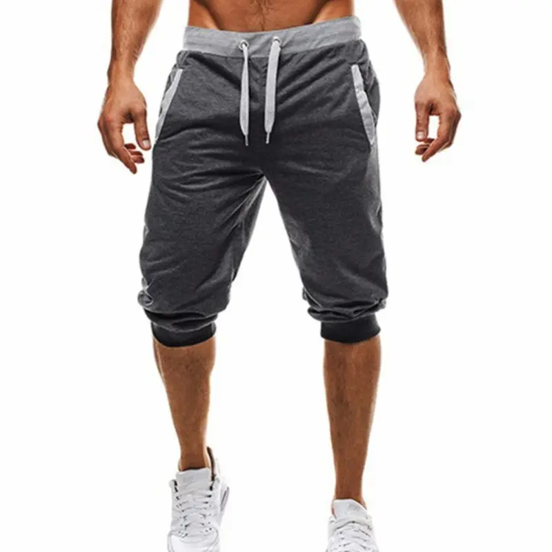 Men's Gray Drawstring Capri Shorts with Elastic Waistband - Image 3