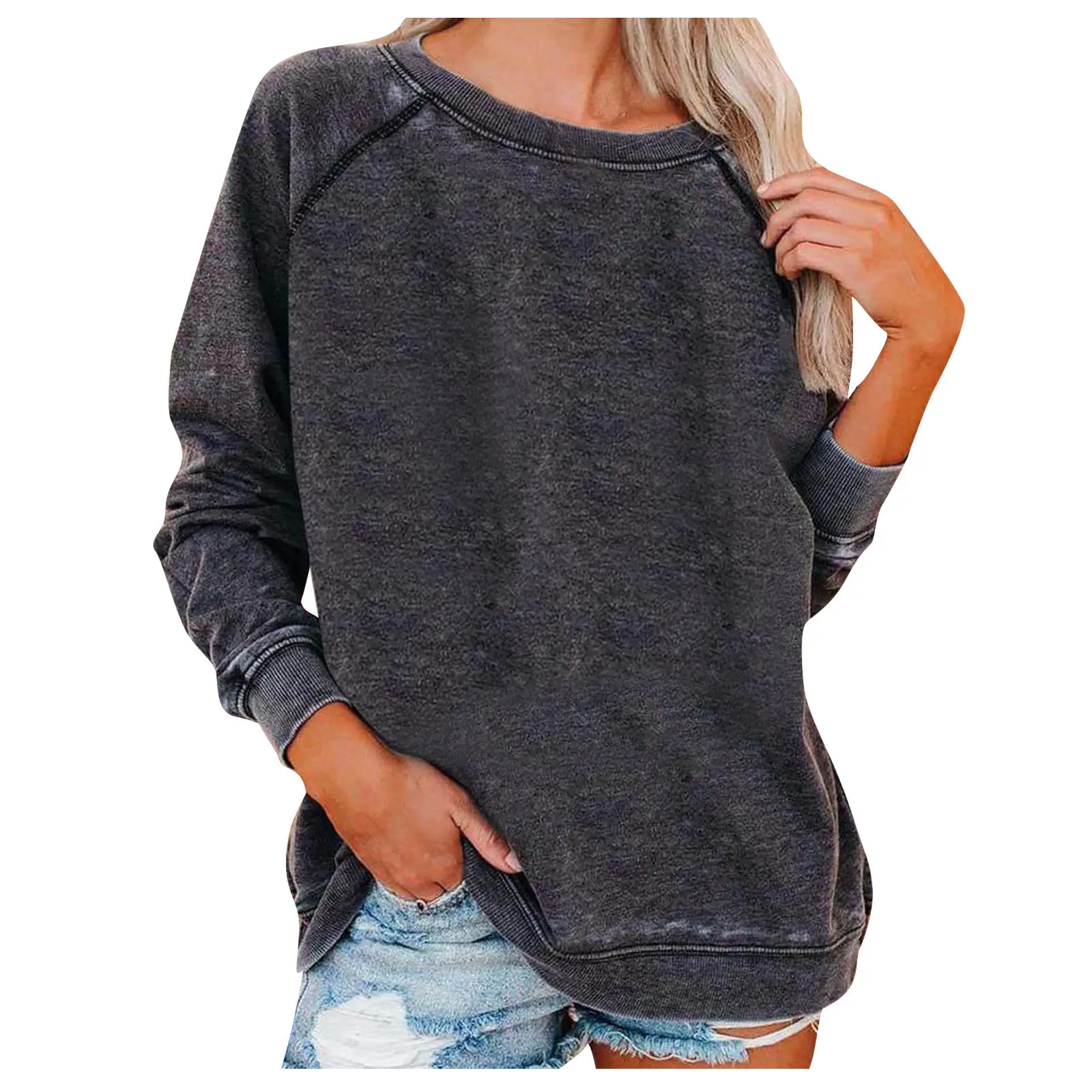 Women's Round Neck Sweatshirt Maroon Loose Fit
