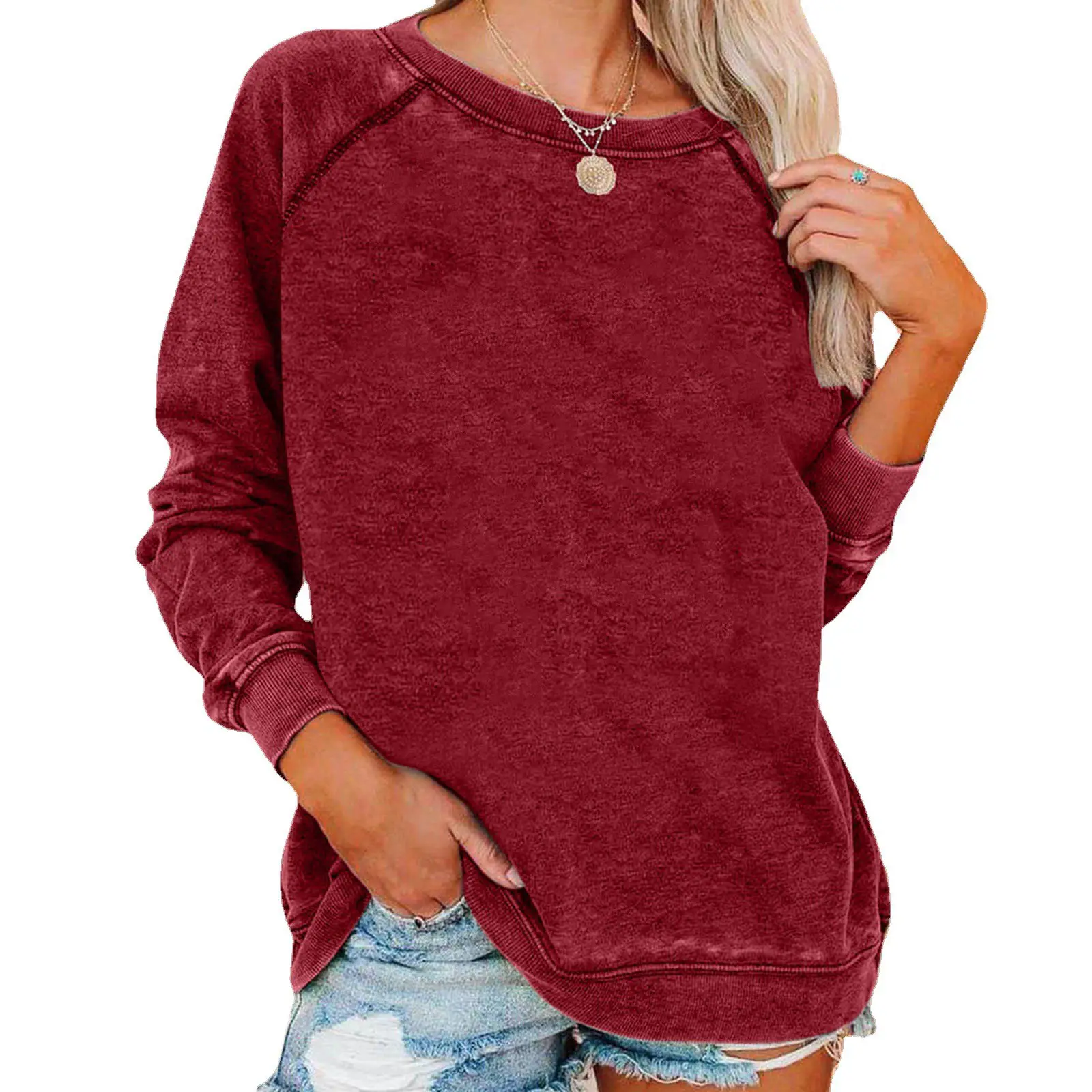 Women's Round Neck Sweatshirt Maroon Loose Fit