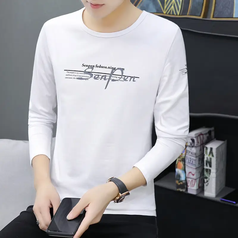 Men White Long Sleeve Korean Style T-Shirt - Image 6