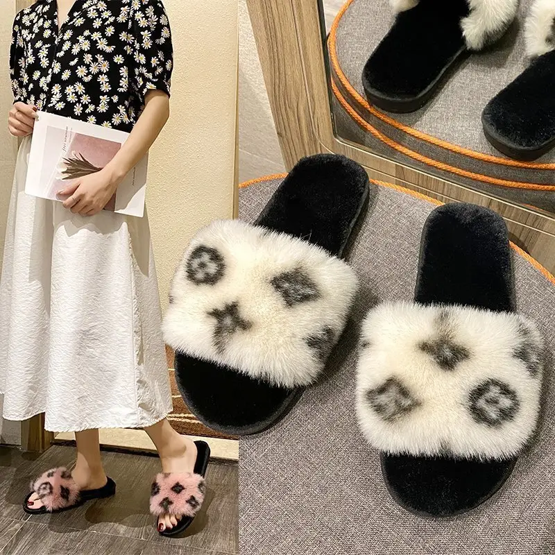 Foreign Trade Printed One-Strap Furry Slippers for Women, 2025 Autumn and Winter New Style, Soft-Soled, Suitable for Home and Outdoor Wear, Warm Stitched Cotton Slippers