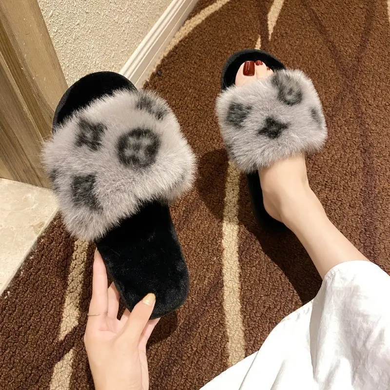 Foreign Trade Printed One-Strap Furry Slippers for Women, 2025 Autumn and Winter New Style, Soft-Soled, Suitable for Home and Outdoor Wear, Warm Stitched Cotton Slippers