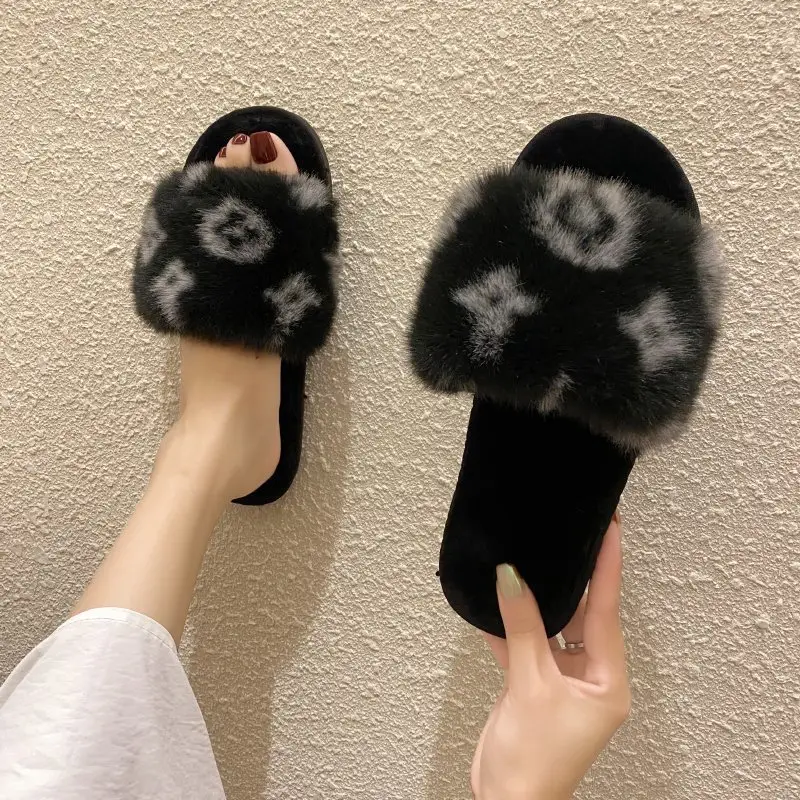 Foreign Trade Printed One-Strap Furry Slippers for Women, 2025 Autumn and Winter New Style, Soft-Soled, Suitable for Home and Outdoor Wear, Warm Stitched Cotton Slippers