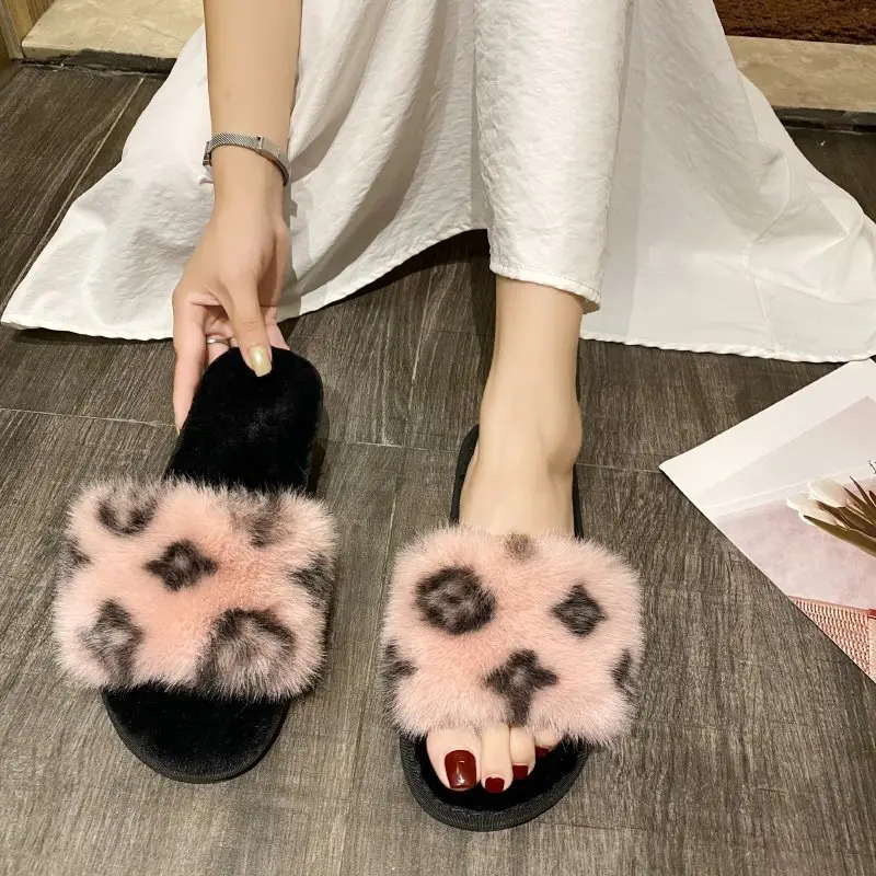 Foreign Trade Printed One-Strap Furry Slippers for Women, 2025 Autumn and Winter New Style, Soft-Soled, Suitable for Home and Outdoor Wear, Warm Stitched Cotton Slippers