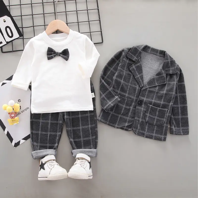 Korean Boy Plaid Suit White Sneakers 3Pc - Image 4