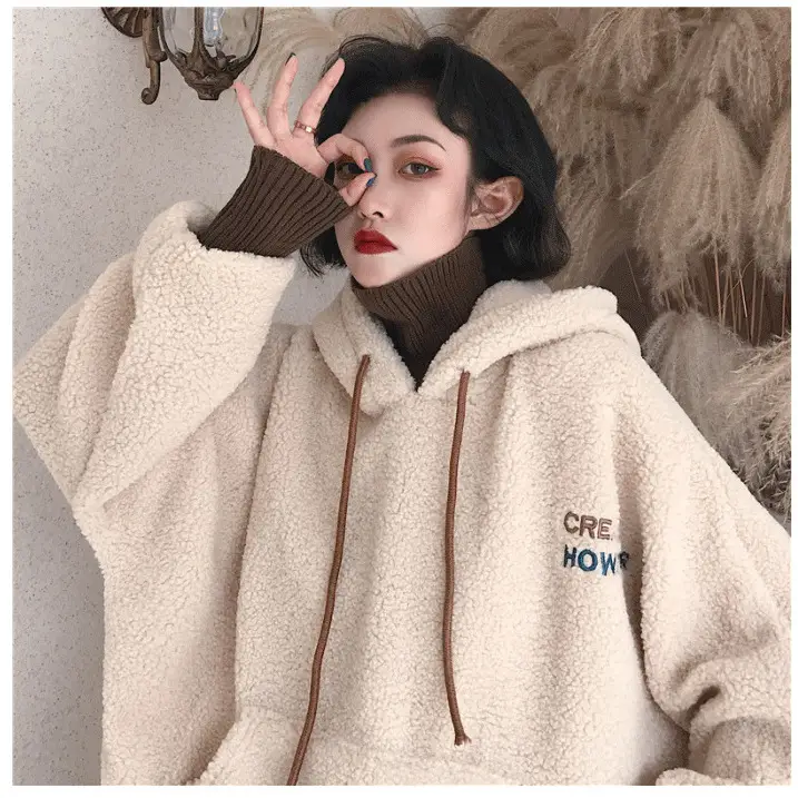 Korean Style Plush Hooded Sweater Coat Cream 2022 - Image 3