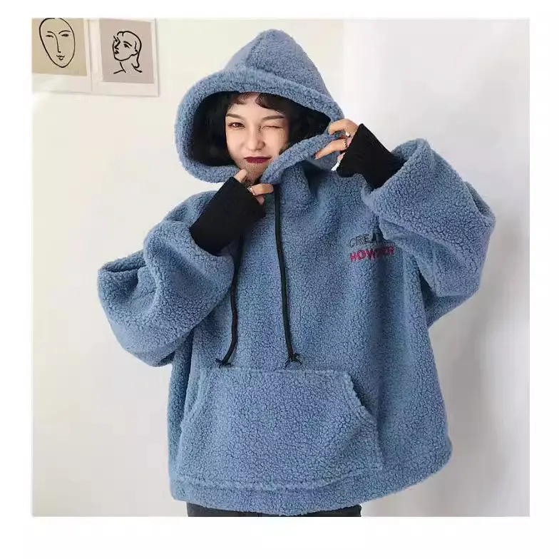 Korean Style Plush Hooded Sweater Coat Cream 2022 - Image 6