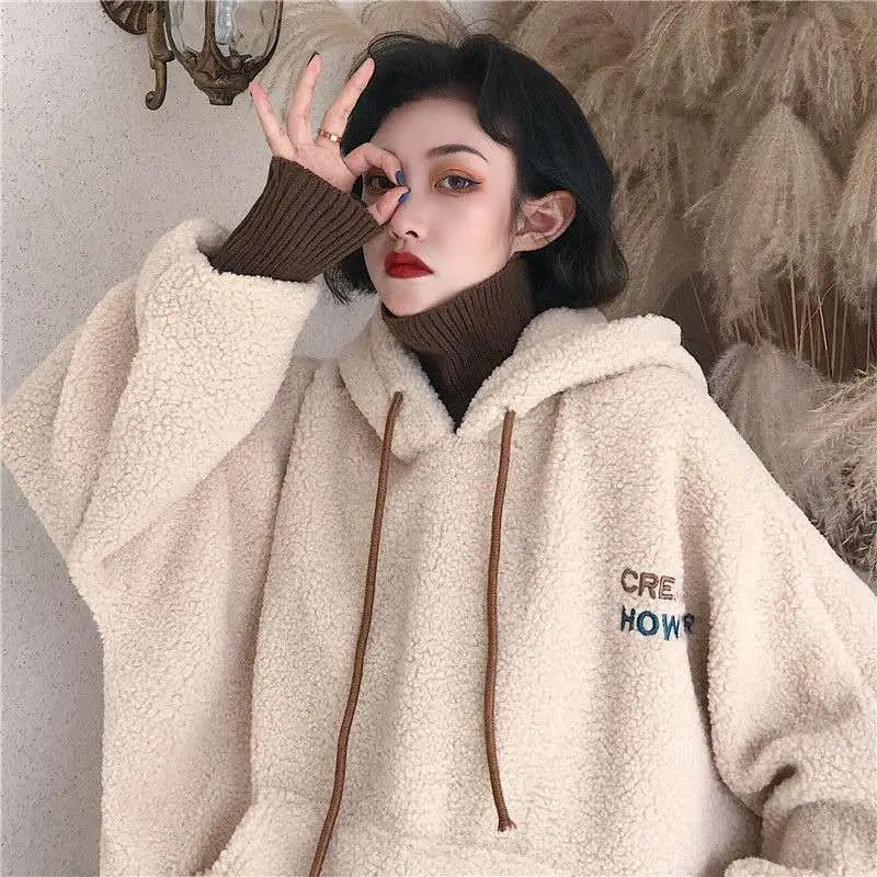 Korean Style Plush Hooded Sweater Coat Cream 2022 — feature 2