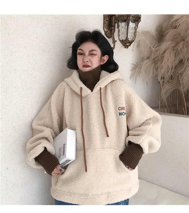 Korean Style Plush Hooded Sweater Coat Cream 2022 — feature 8