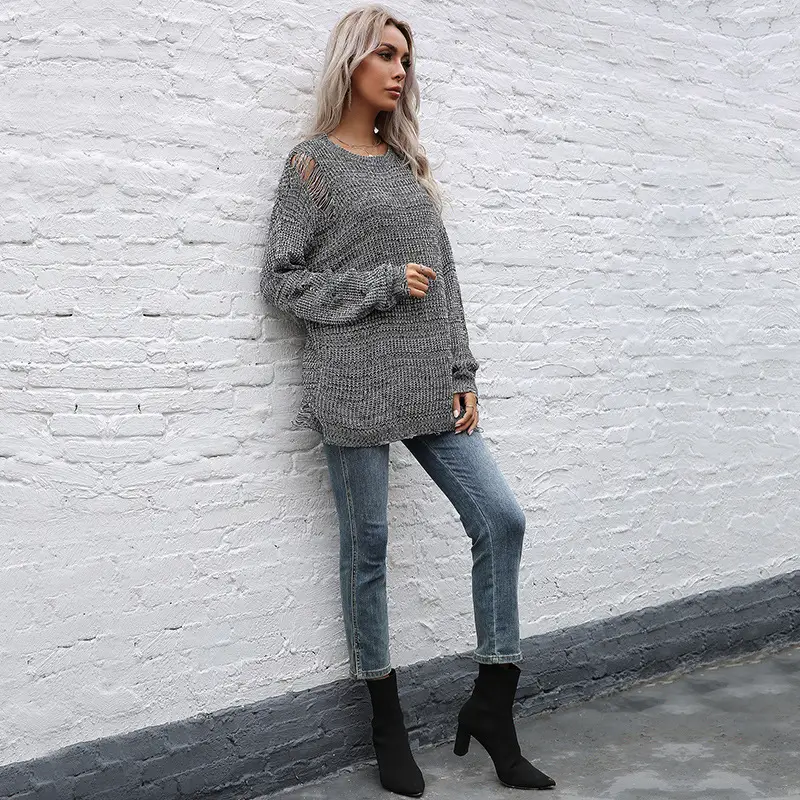 Bai Fen Zhi Yi Grey Houndstooth Crew Neck Sweater Plus Size - Image 3