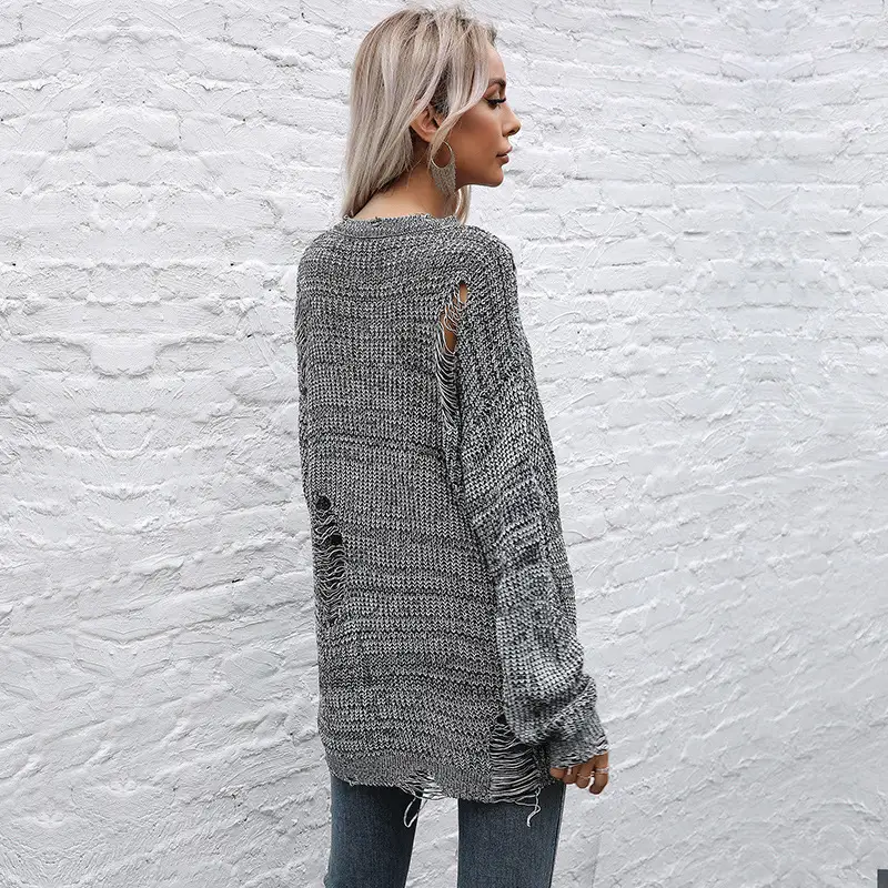 Bai Fen Zhi Yi Grey Houndstooth Crew Neck Sweater Plus Size - Image 4