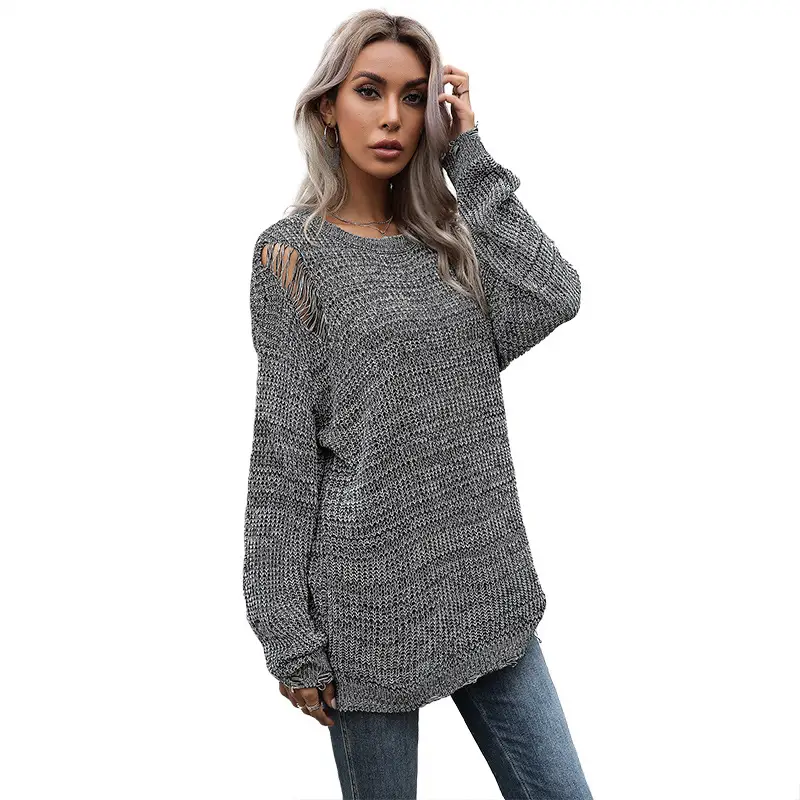 Bai Fen Zhi Yi Grey Houndstooth Crew Neck Sweater Plus Size - Image 5