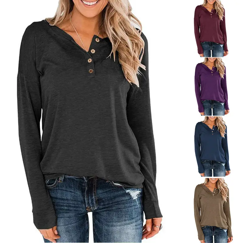Women's Button Pullover T-Shirt Brown Long Sleeve - Image 6