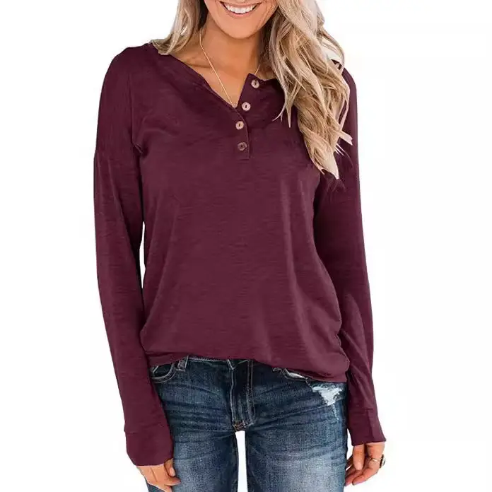 Women's Button Pullover T-Shirt Brown Long Sleeve - Image 7