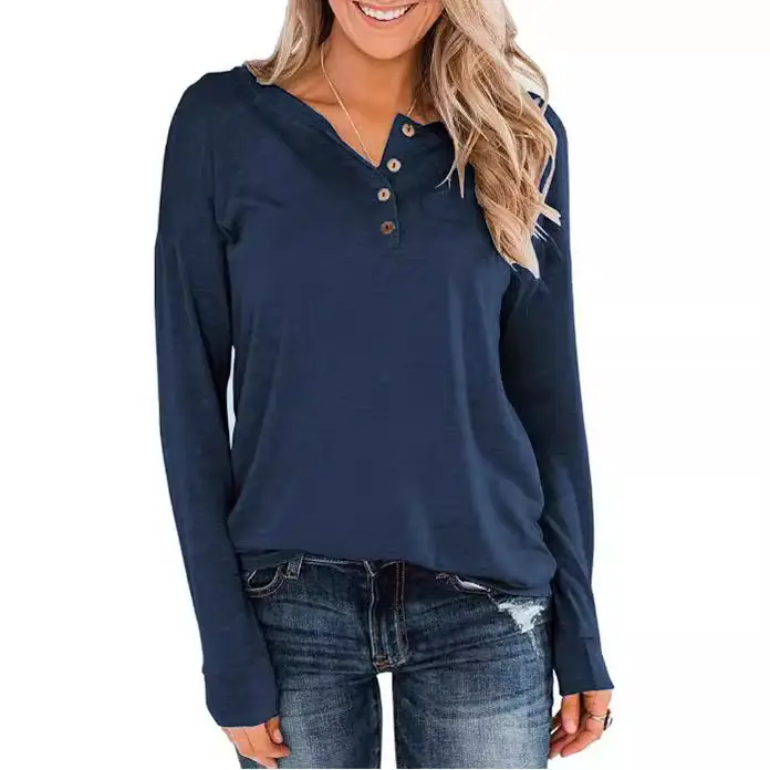 Women's Button Pullover T-Shirt Brown Long Sleeve - Image 8