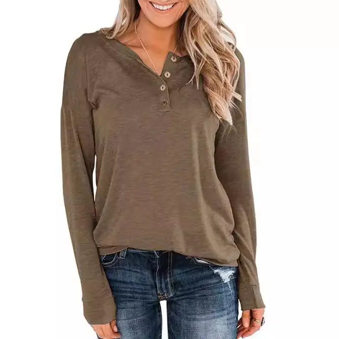 Women's Button Pullover T-Shirt Brown Long Sleeve - Image 9