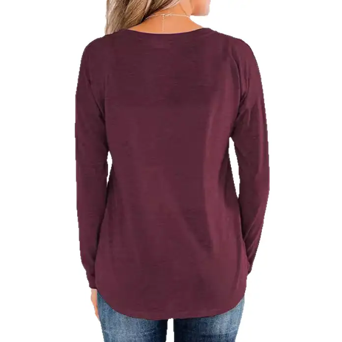 Women's Button Pullover T-Shirt Brown Long Sleeve - Image 10