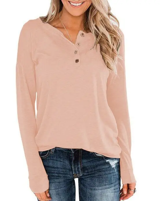 Women's Button Pullover T-Shirt Brown Long Sleeve - Image 2