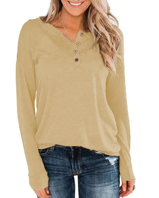 Women's Button Pullover T-Shirt Brown Long Sleeve - Image 4