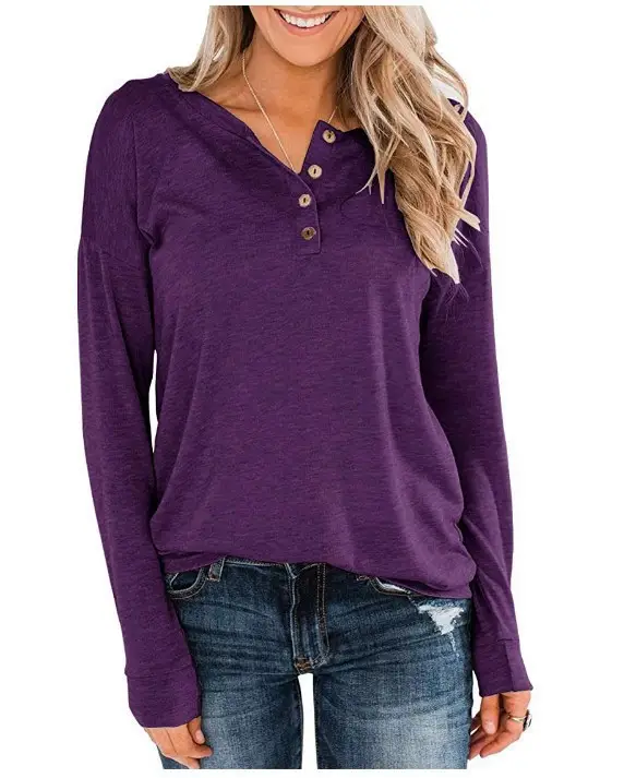 Women's Button Pullover T-Shirt Brown Long Sleeve - Image 5