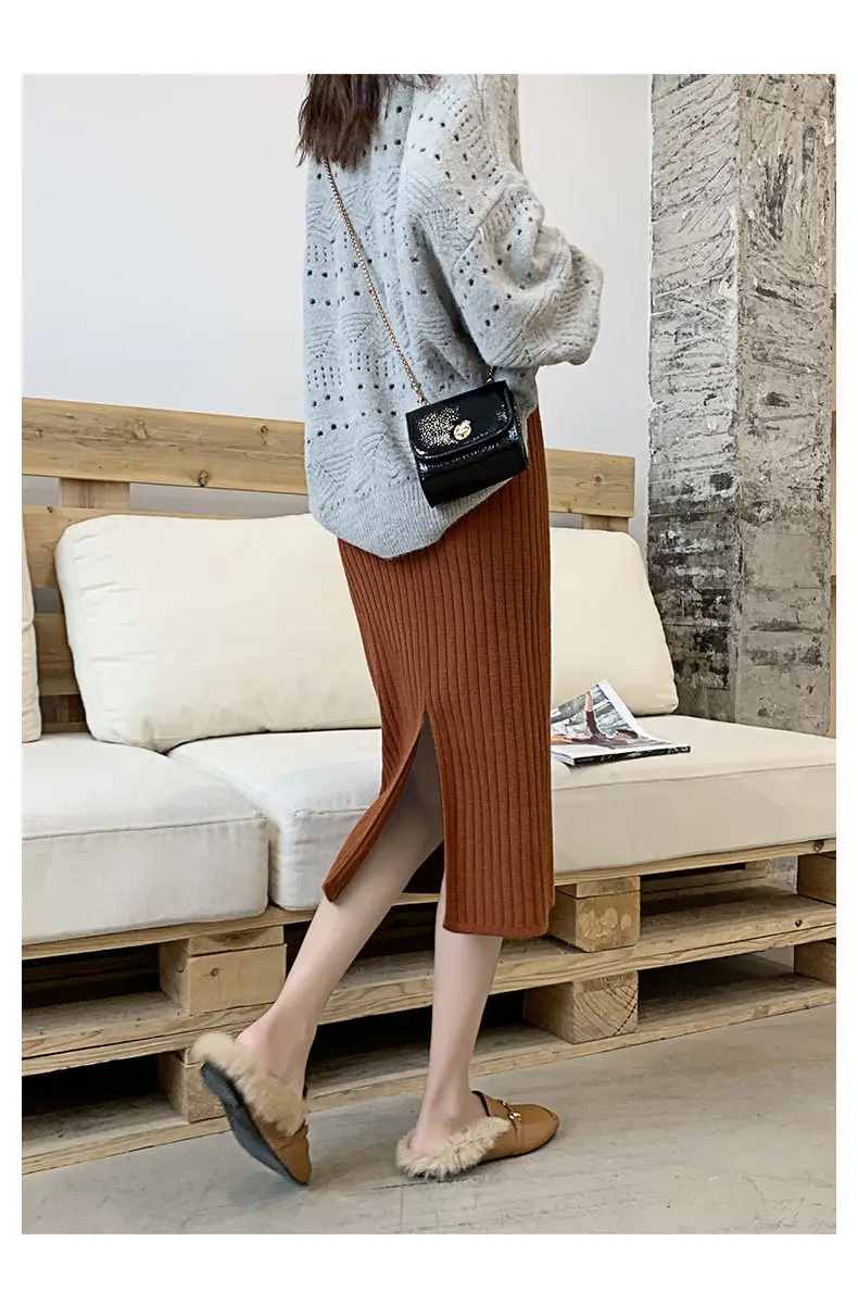 Knitted Split High Waist Skirt for Women Winter — feature 17