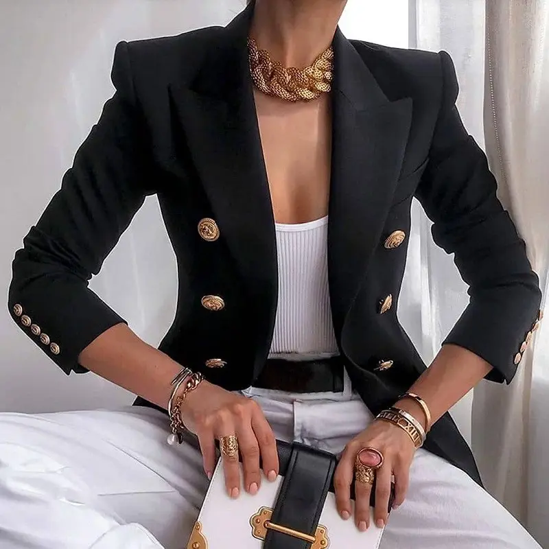 Black Blazer Jacket for Women with Gold Buttons - Image 6