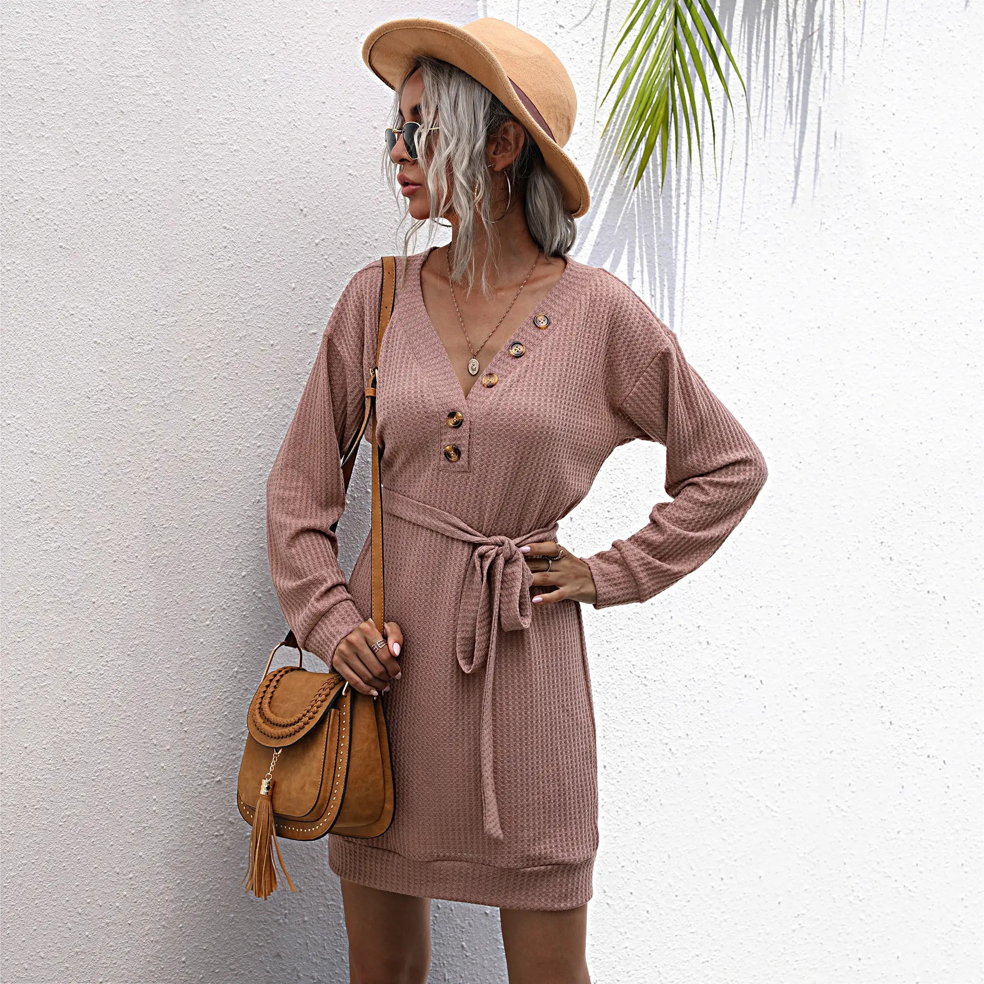 V-Neck Knitted Belted Skirt Dress Brown