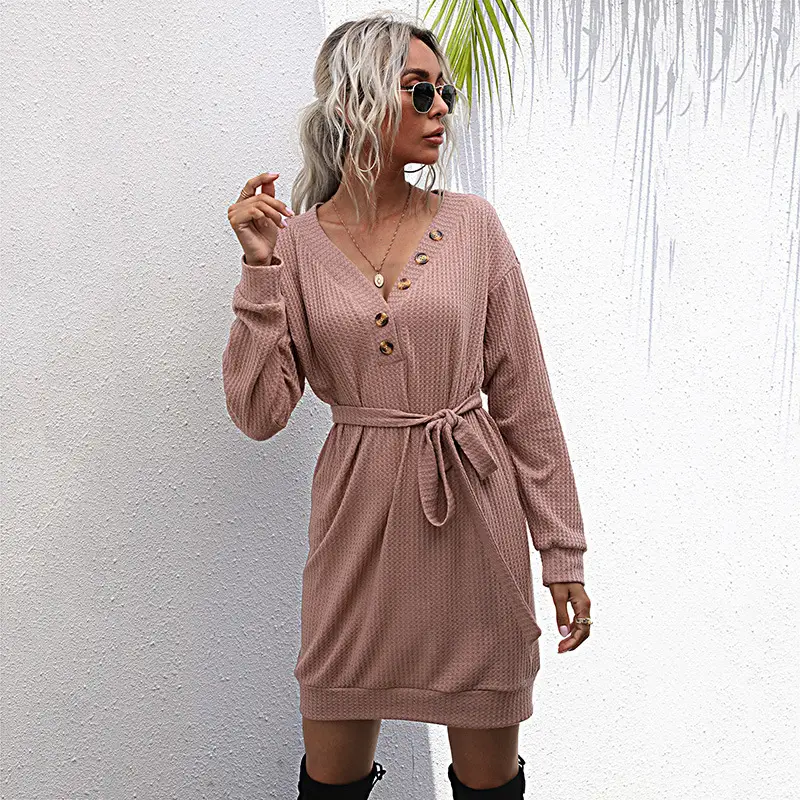 V-Neck Knitted Belted Skirt Dress Brown