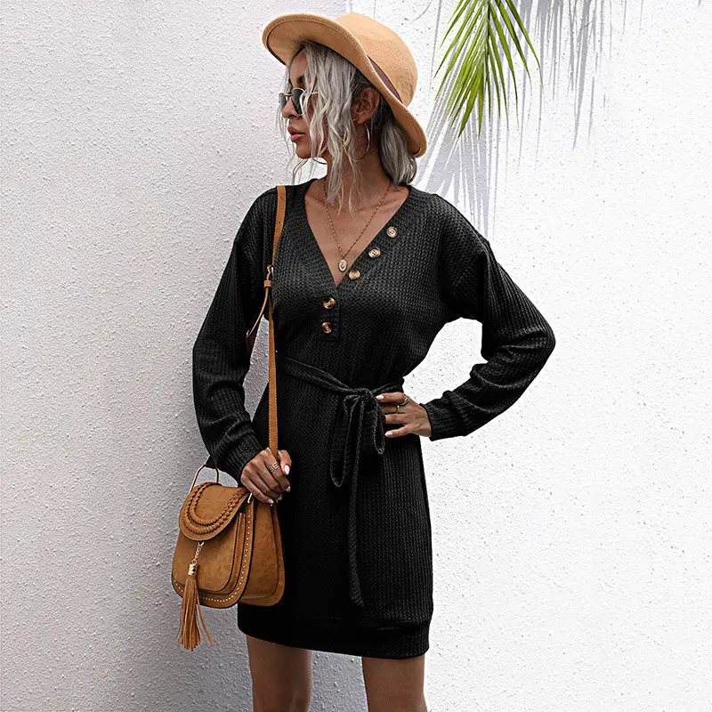 V-Neck Knitted Belted Skirt Dress Brown