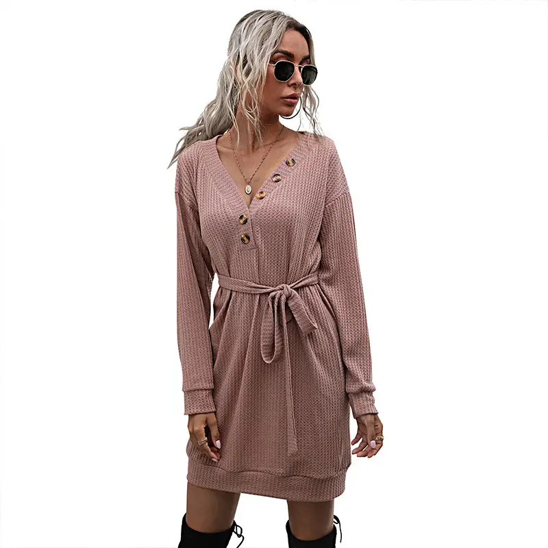 V-Neck Knitted Belted Skirt Dress Brown