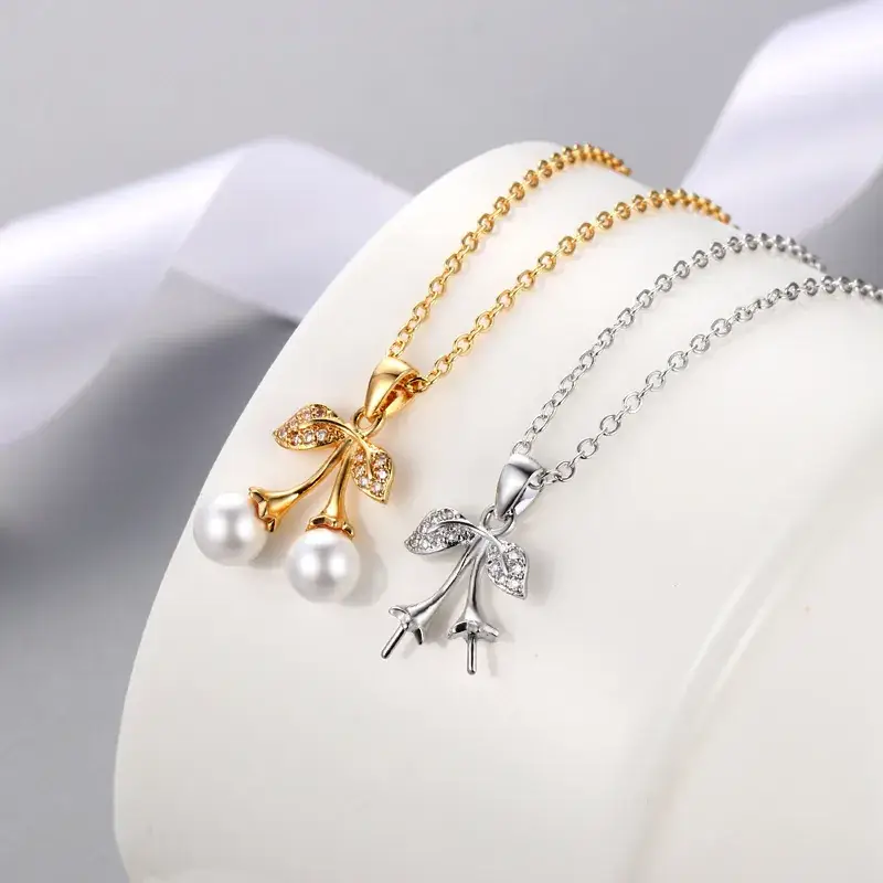 Double Pearl Cherry Leaf Pendant for Women Gold Silver - Image 6