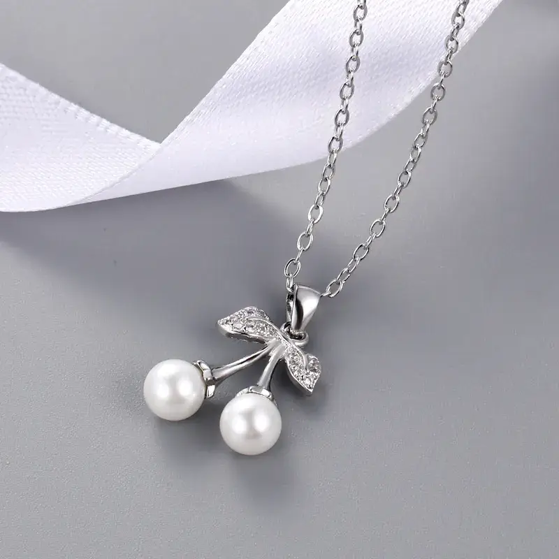 Double Pearl Cherry Leaf Pendant for Women Gold Silver - Image 8