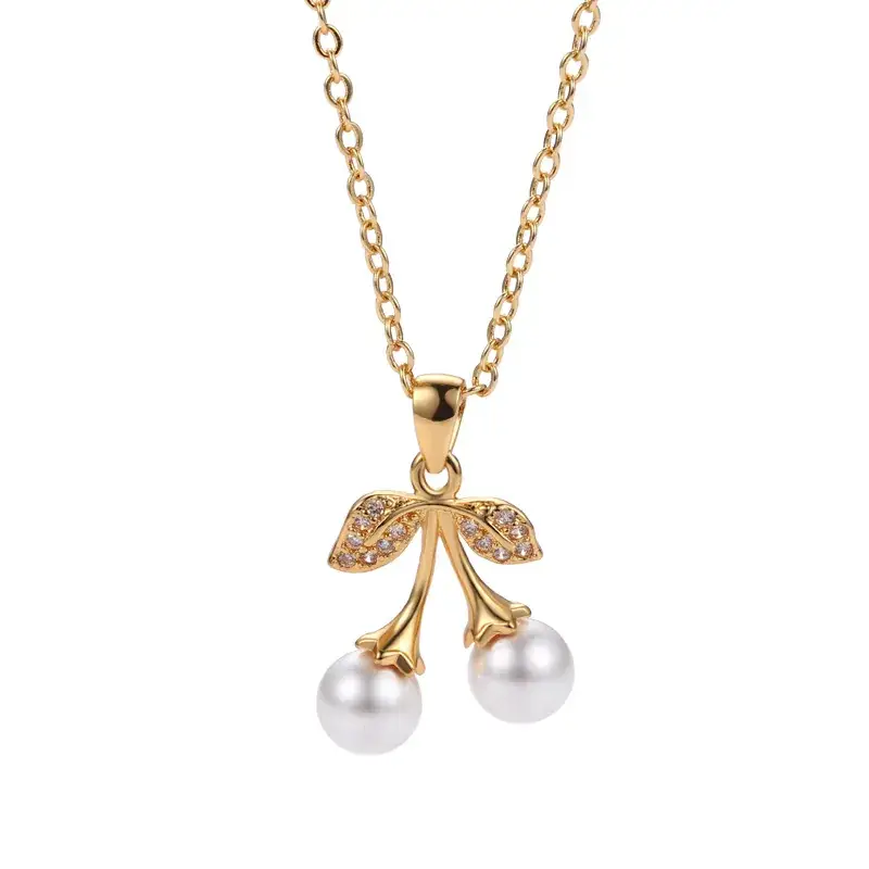 Double Pearl Cherry Leaf Pendant for Women Gold Silver - Image 9