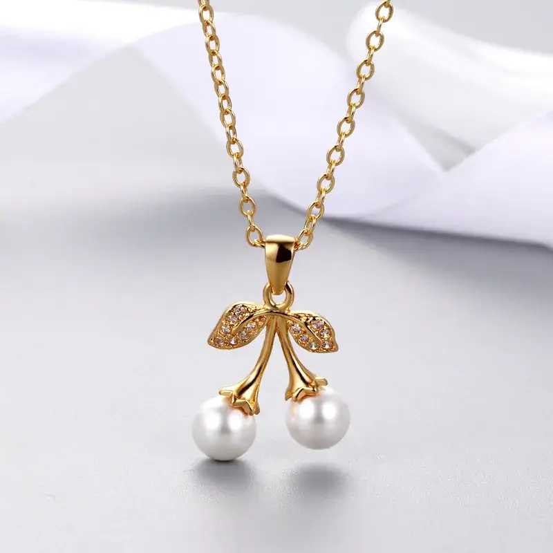 Double Pearl Cherry Leaf Pendant for Women Gold Silver - Image 2