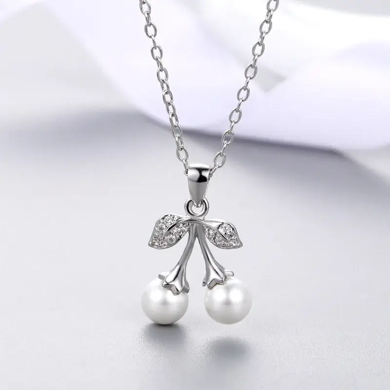 Double Pearl Cherry Leaf Pendant for Women Gold Silver - Image 3