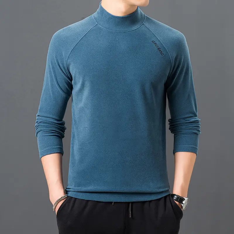 Men Velvet Turtleneck Sweatshirt Blue Long Sleeve - Image 2